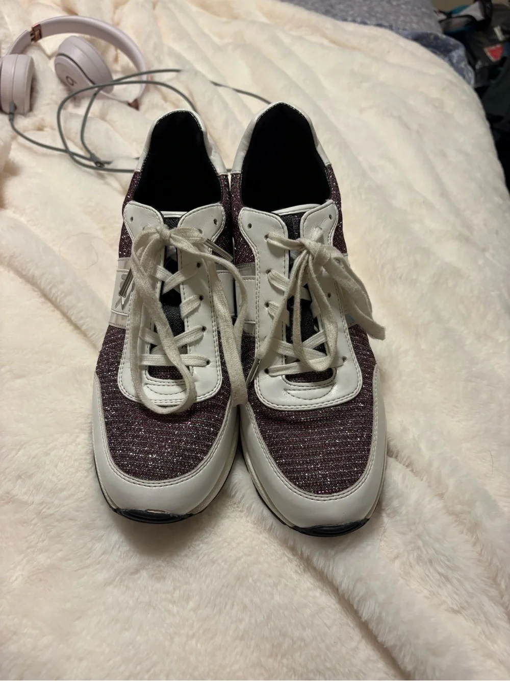 Michael Kors White and Plum Glitter Lace-Up Sneakers